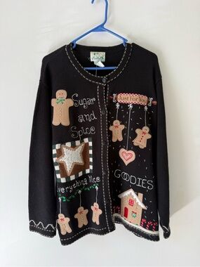 The Quacker Factory Christmas Gingerbread Cardigan Sweater Black Size L